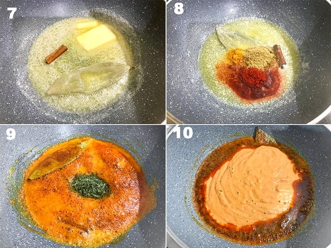 Step by Step picture collage of making of paneer butter masala gravy in pan on stove top.