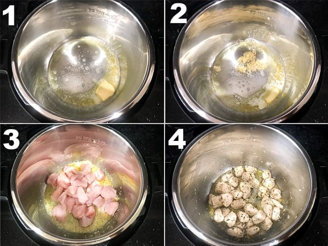 Step by Step picture collage to make chicken Alfredo pasta in Instant Pot.