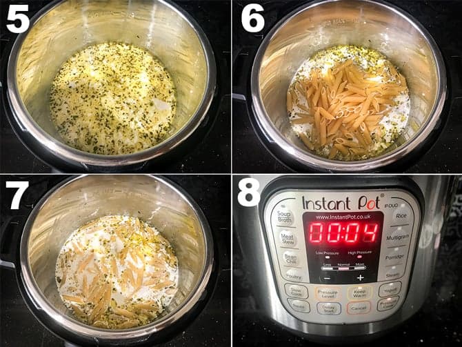 Step by Step picture collage to make chicken Alfredo recipe in Instant Pot.