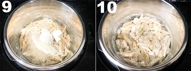 Step by Step picture collage to make chicken Alfredo pasta recipe in Instant Pot.