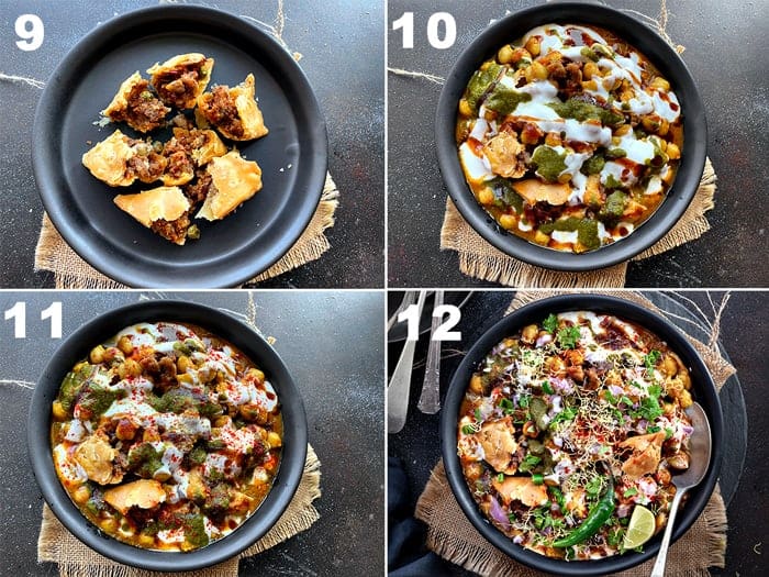 Step by Step picture collage of assembling chole samosa chaat.