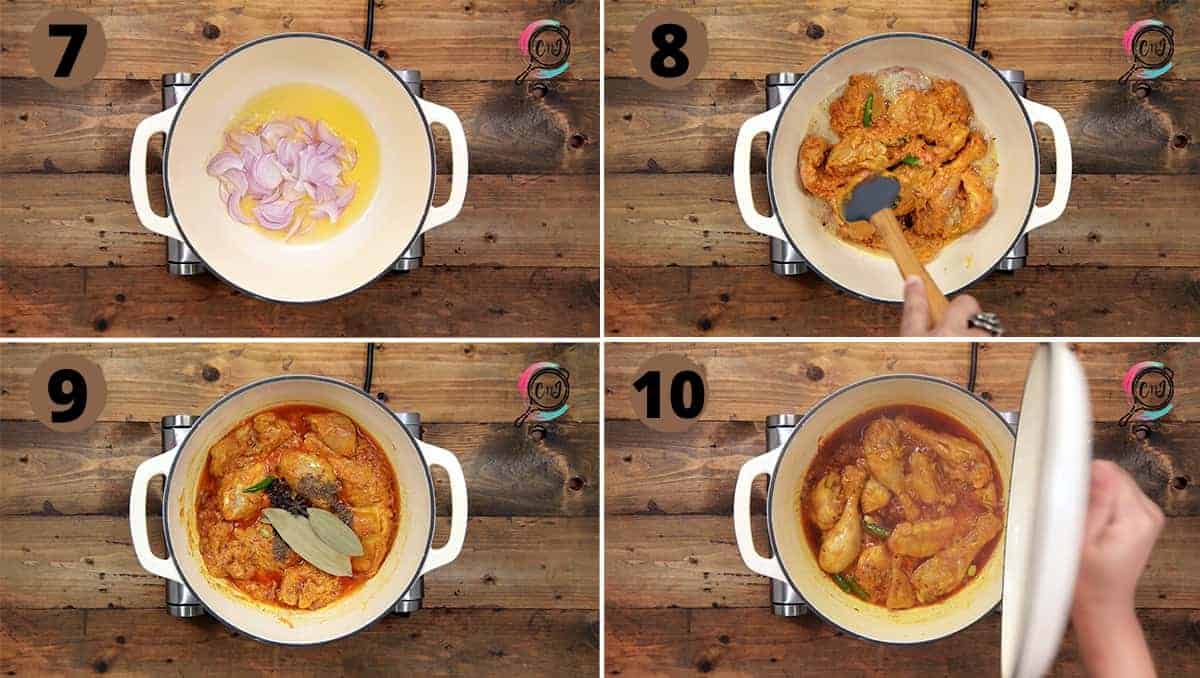 Collage of steps to show the cooking of marinated chicken in Dutch oven.