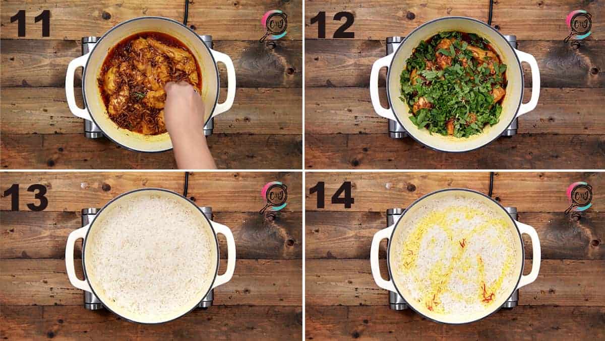 Collage of steps to show the layering of chicken and rice for biryani.