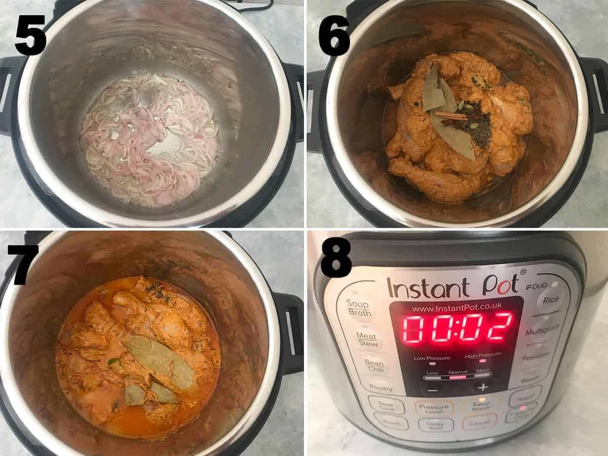 four step of cooking marinated chicken in Instant Pot.