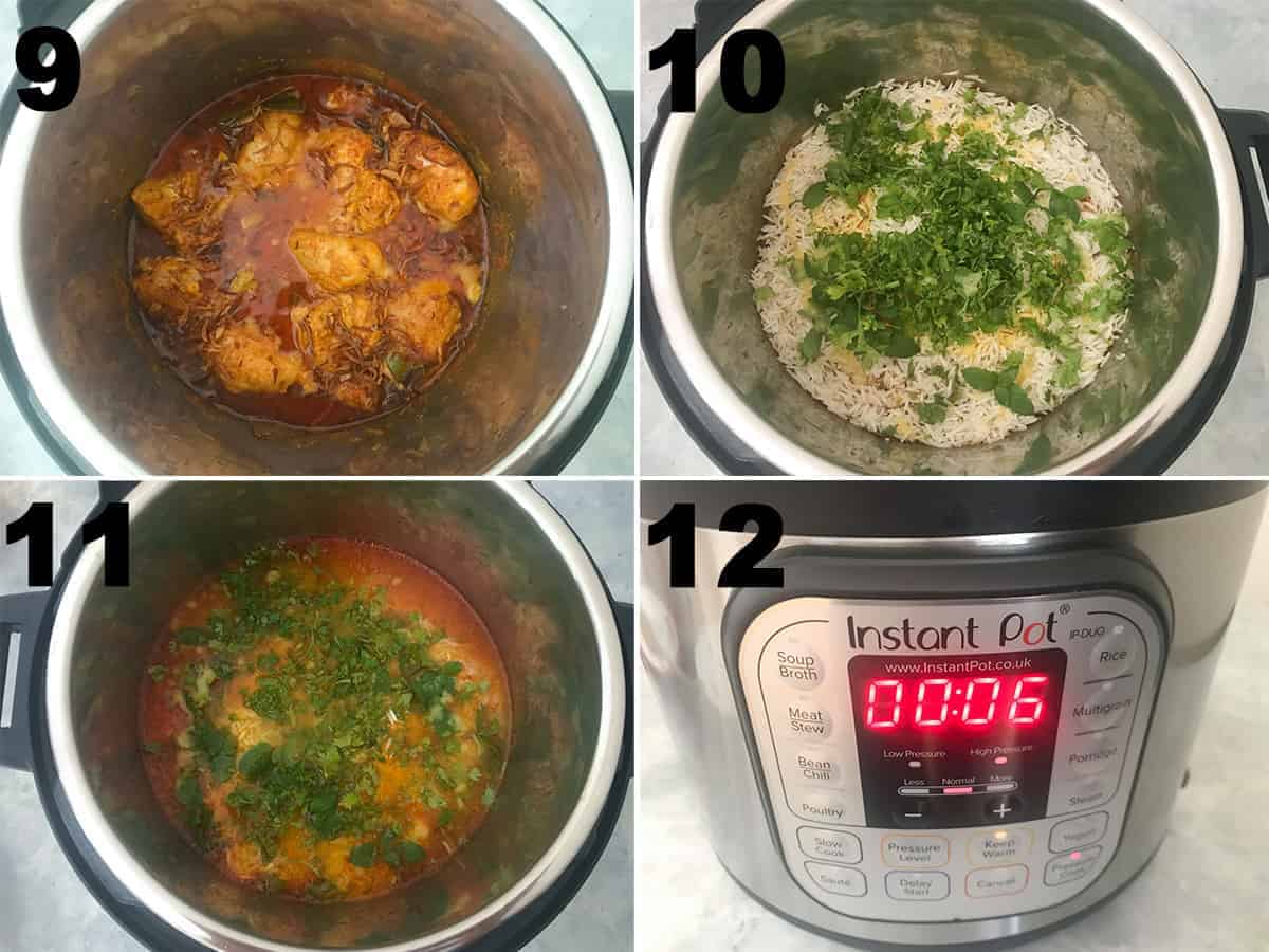 Collage of steps showing the layering of rice over chicken in the instant Pot.