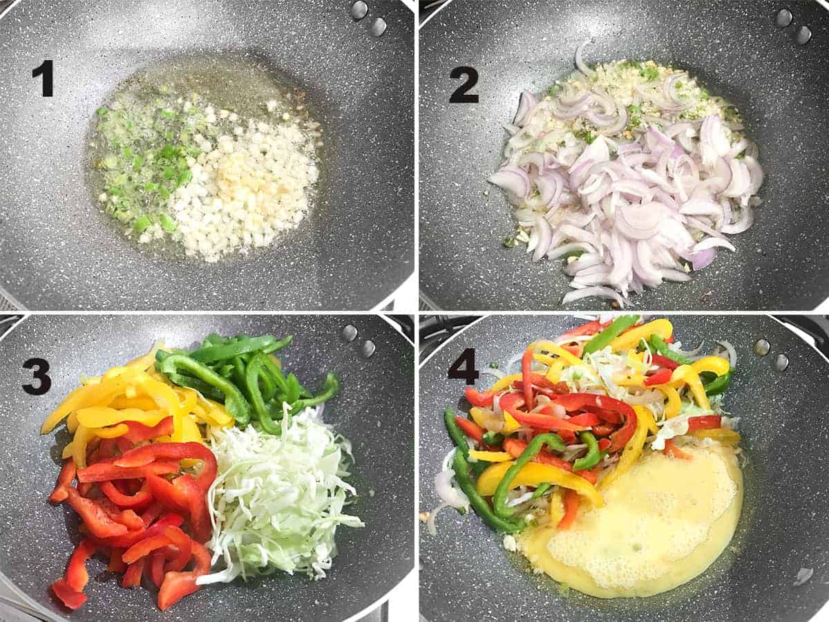 Picture collage of steps to show the tossing of vegetables and eggs for Hakka noodles.