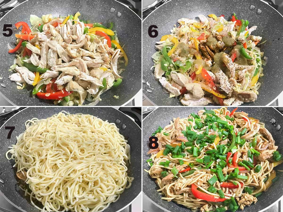 Picture collage of steps to show the tossing of cooked Hakka noodles and chicken.