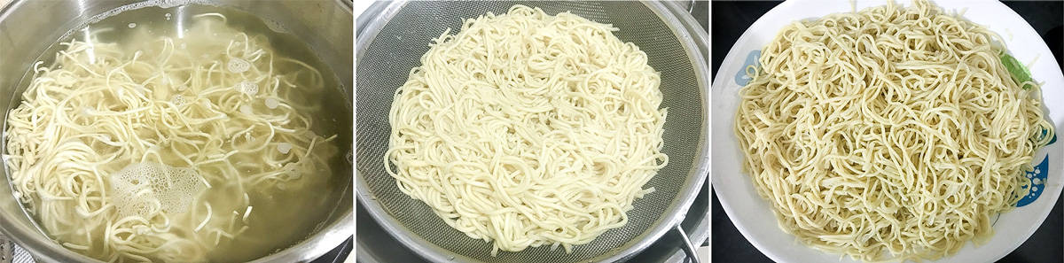 Step by step picture collage to boil the Hakka noodles.