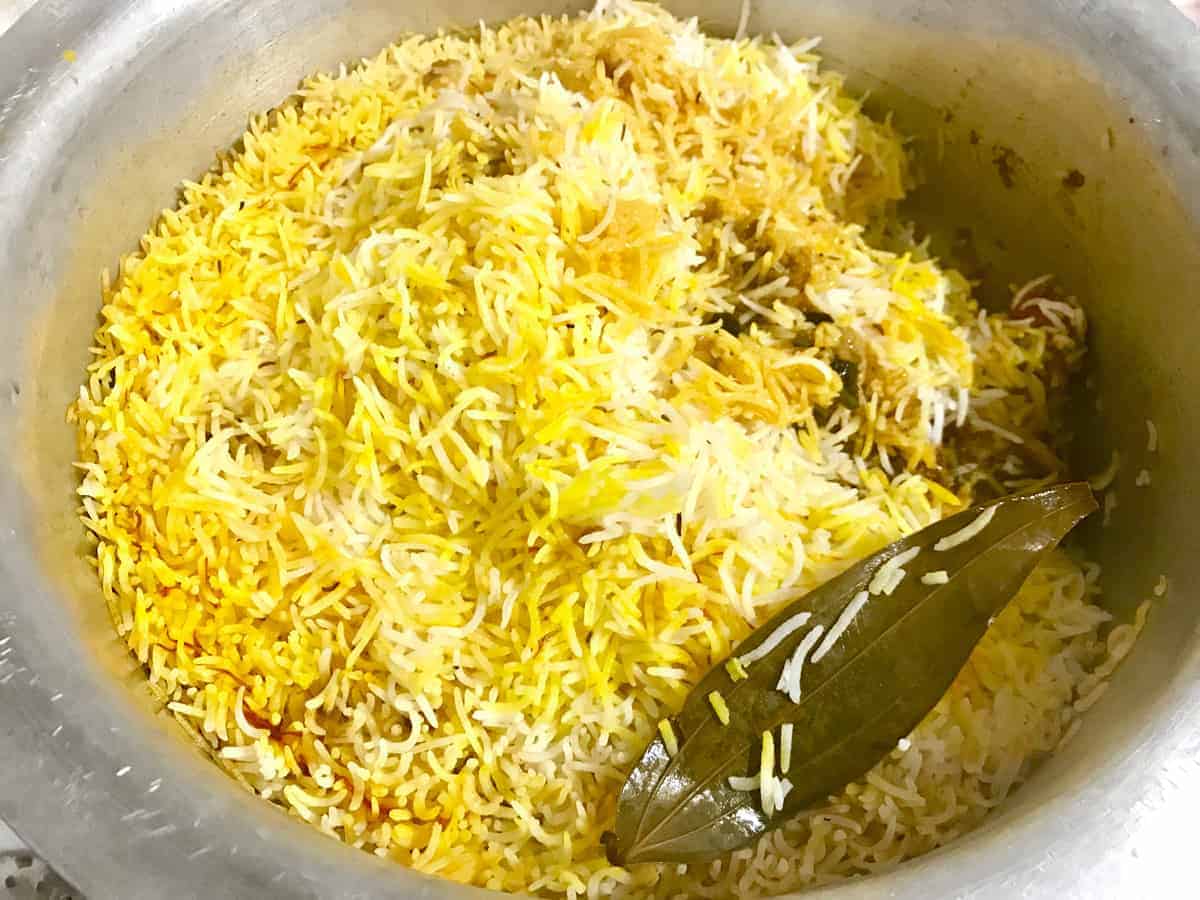 Cooked Mutton Biryani in pot.