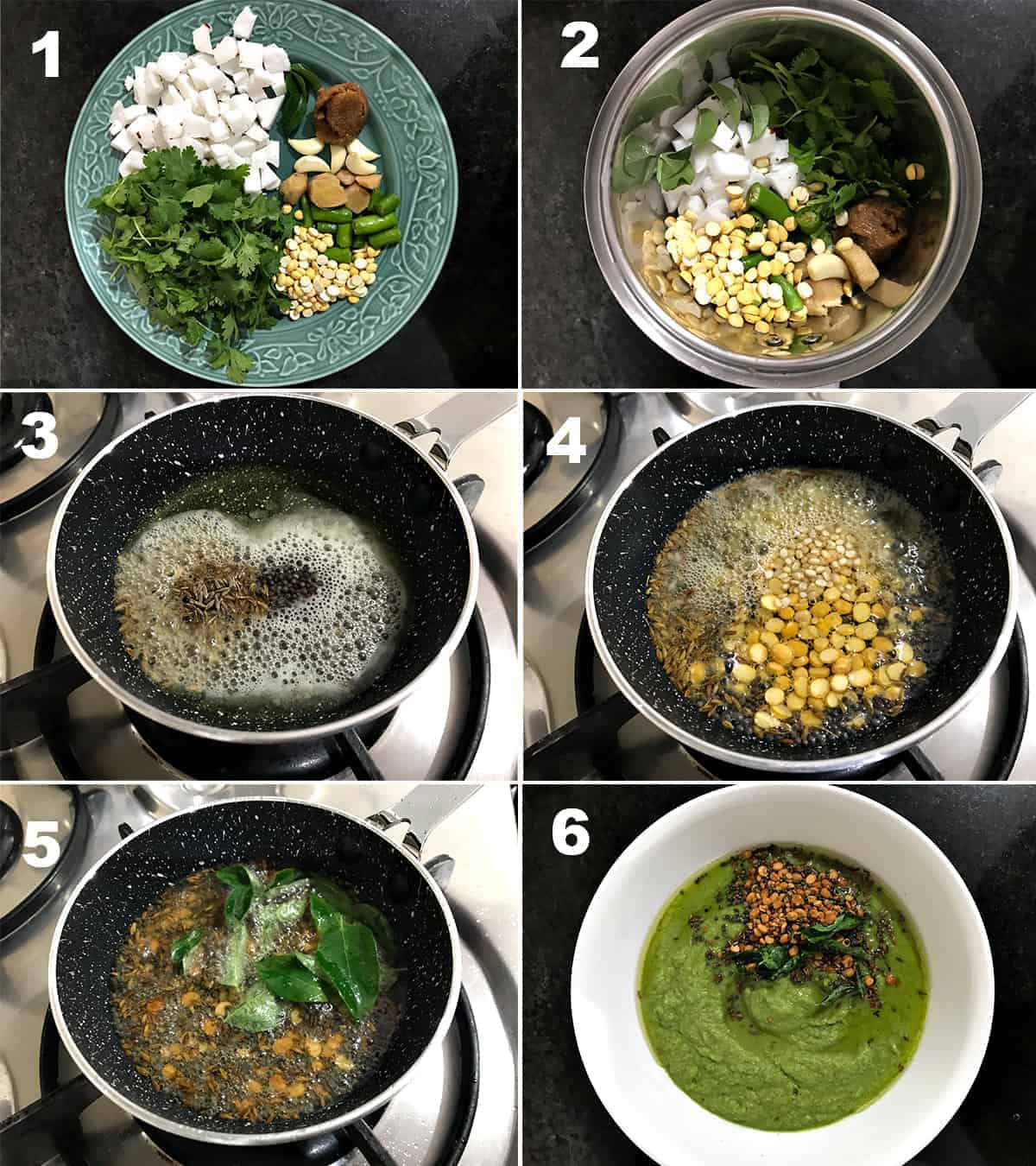 six step collage showing how to make green coconut chutney