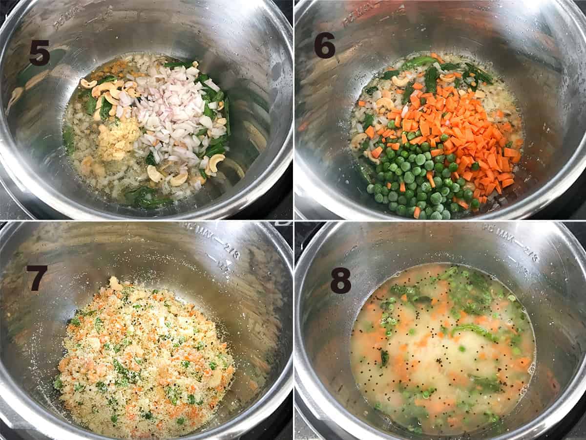 Step by step picture collage to show the making of Rava Upma in Instant Pot.