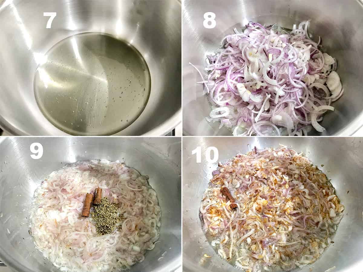 four step collage showing frying of sliced onions biryani masala gravy.