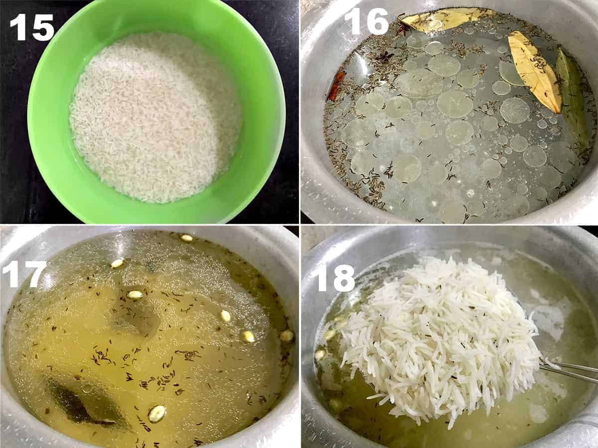 Step by step picture collage of boiling the rice for meat biryani.