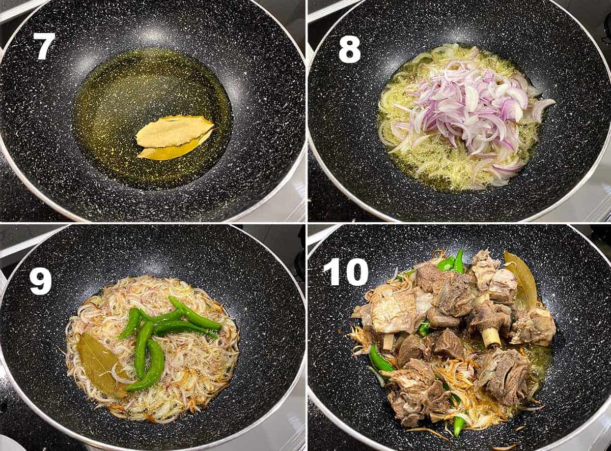 Step by Step picture collage of making Mutton Yakhni Pulao.