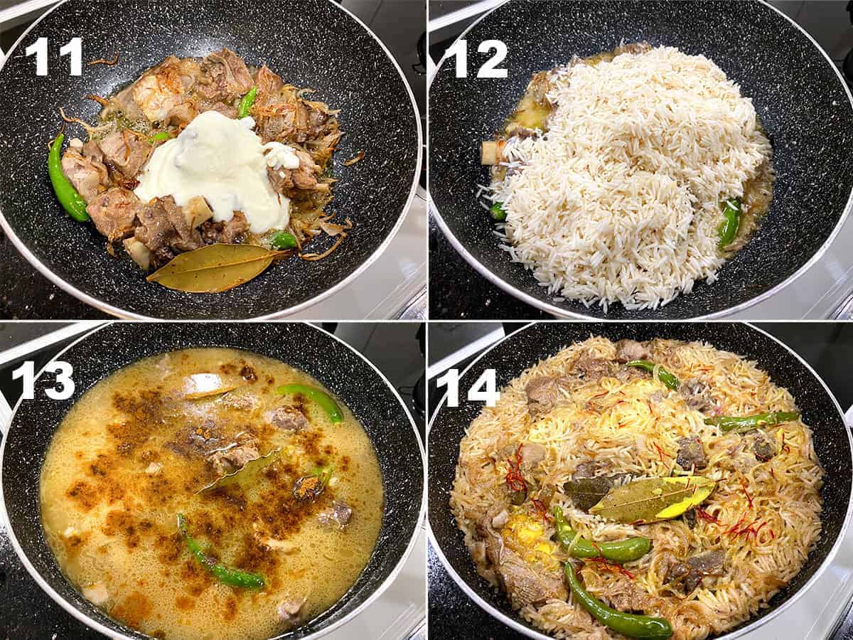 Step by Step picture collage of making Mutton Yakhni Pulao.