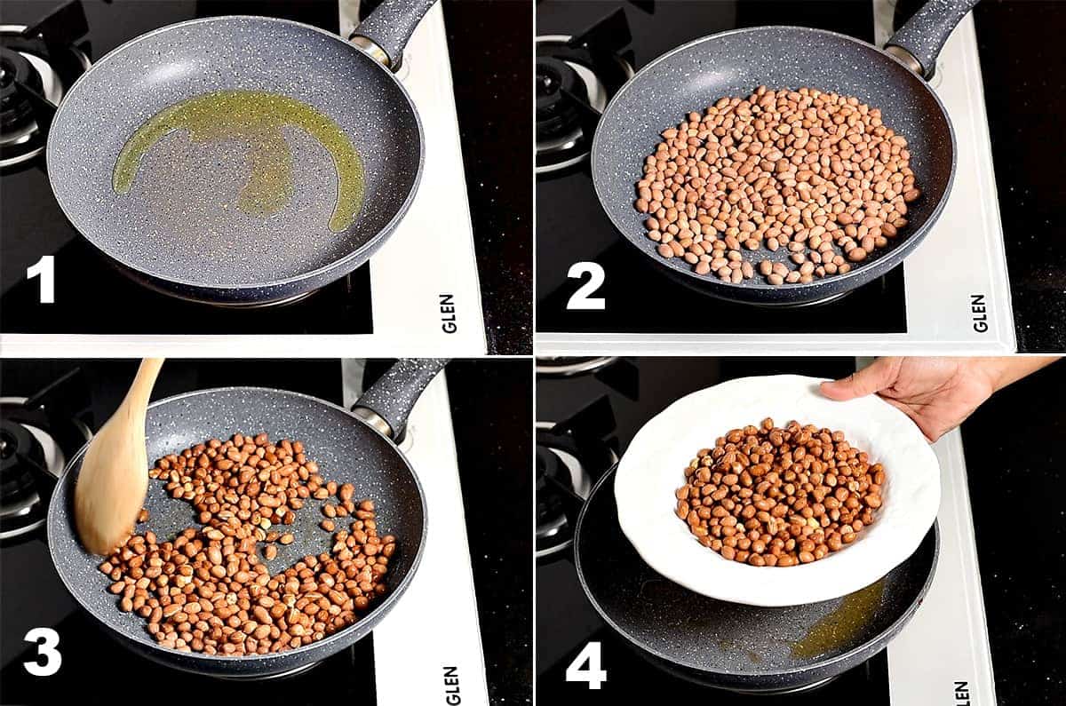 Picture collage of roasting peanuts in oil in pan.