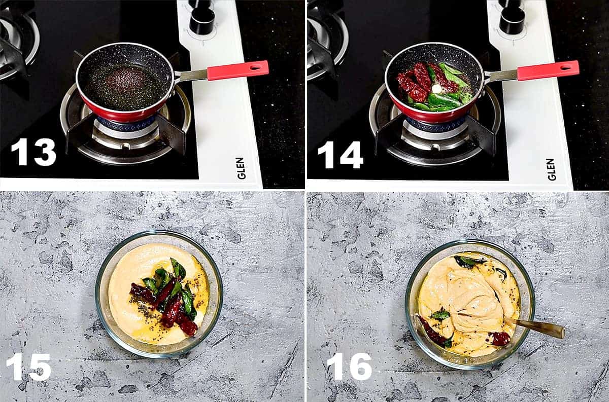 Step by step picture collage of tempering the peanut chutney.