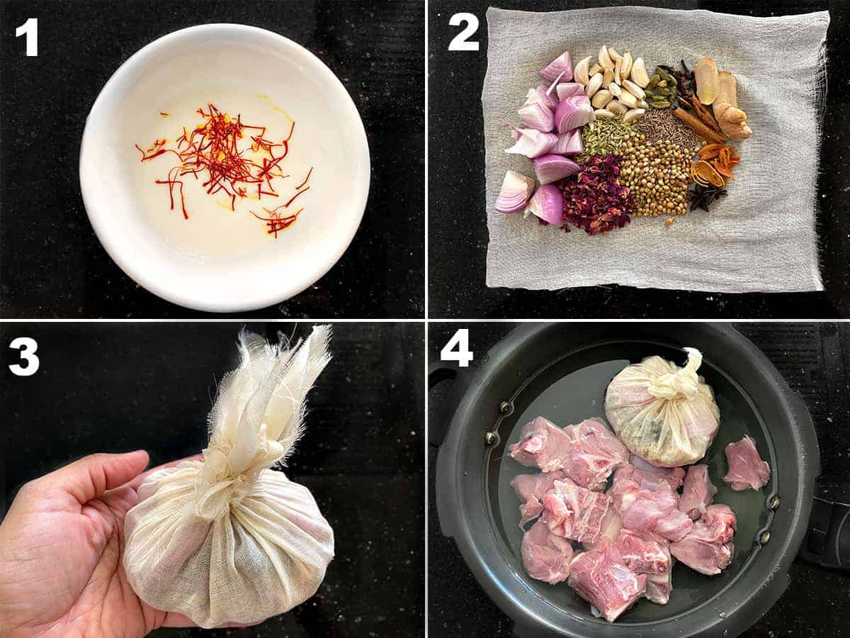 Step by step collage for the preparation of Meat Pulao.