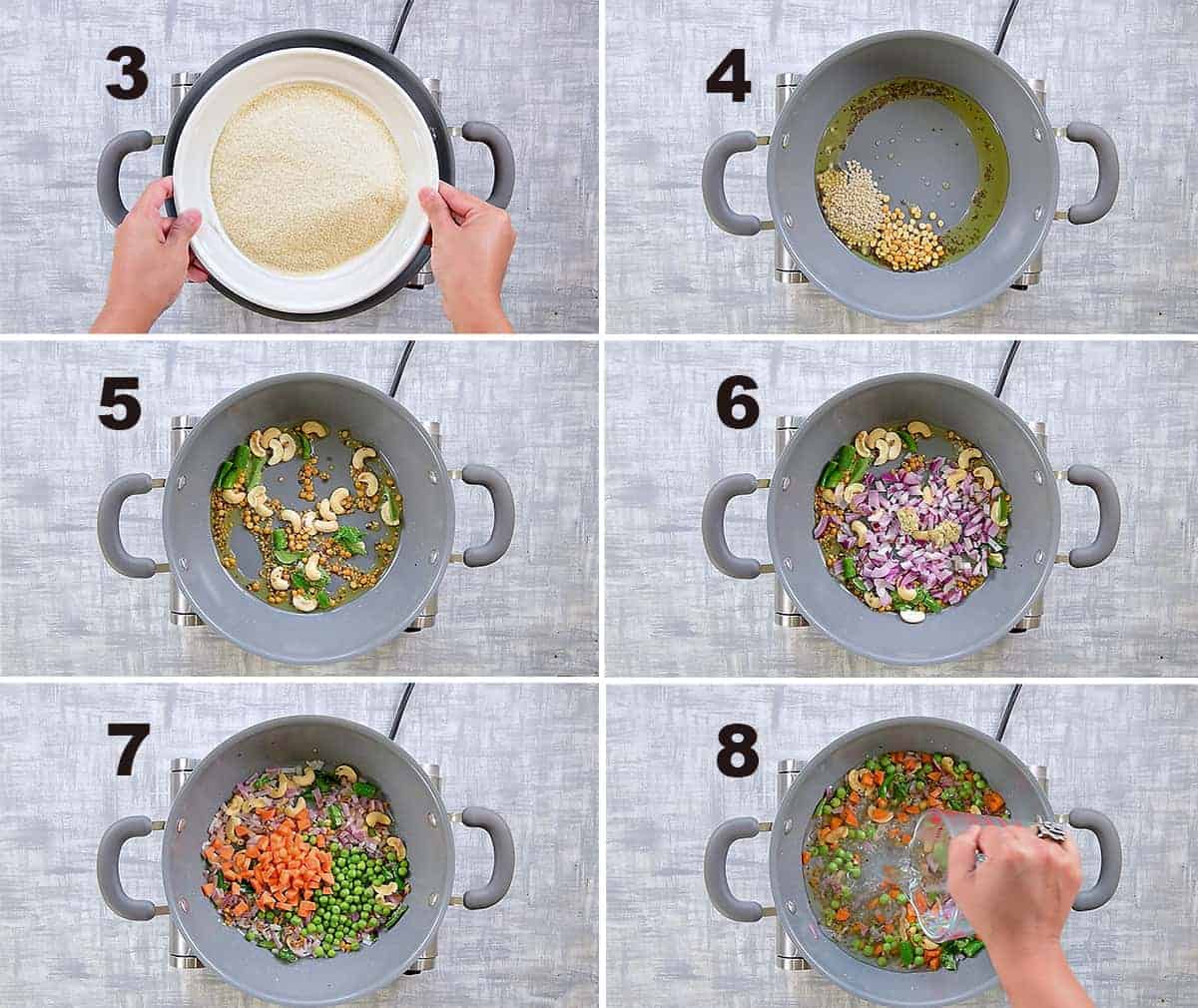 Step by step collage of making Rava Upma recipe in pan on stove top.