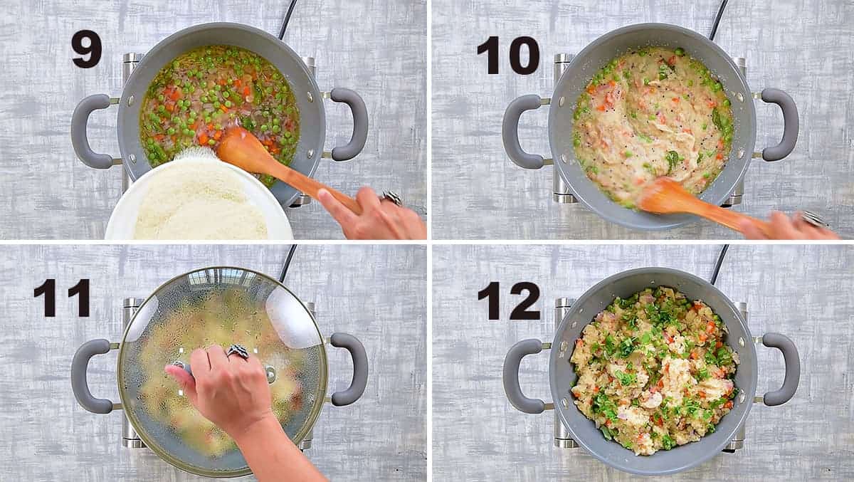 Step by step collage to show the making of Rava Upma recipe on stove top.