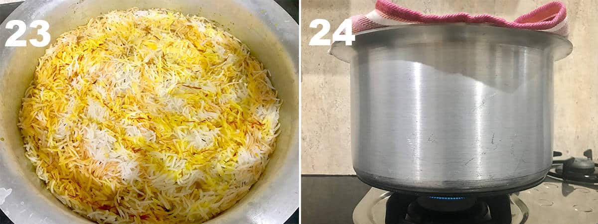 Slow cooking the Mutton Biryani on stove top.