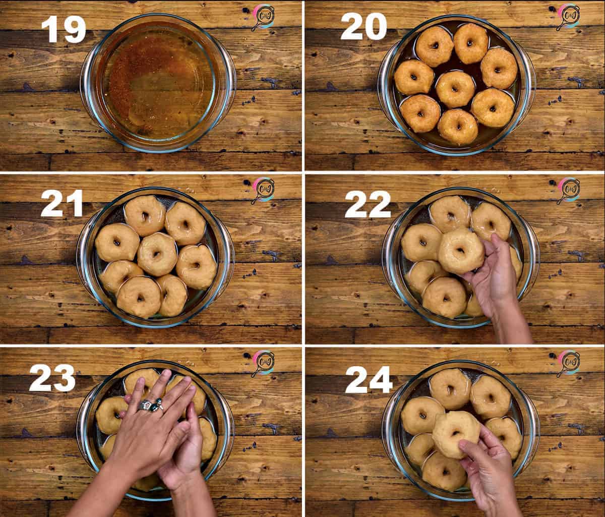 Step by step collage process to soak fried vadas in water.