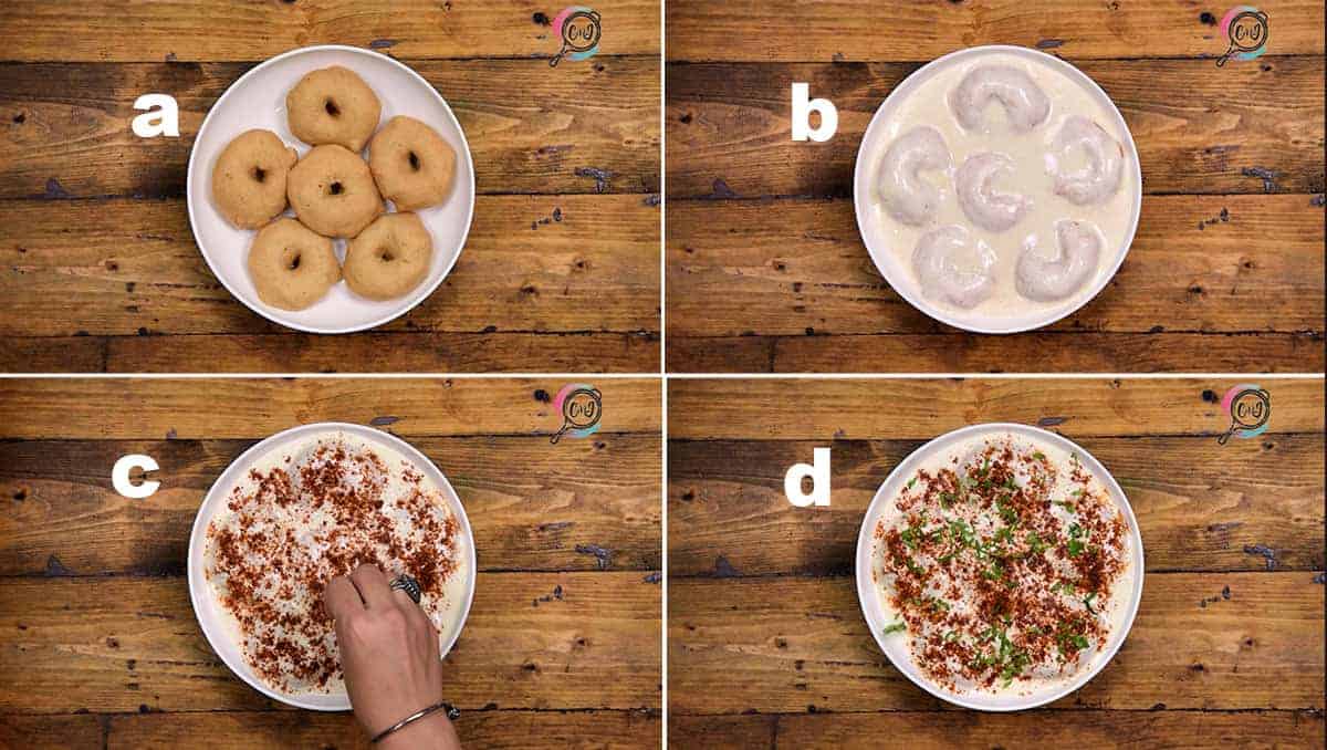 Step by step collage to assemble Dahi Vada without chutney.