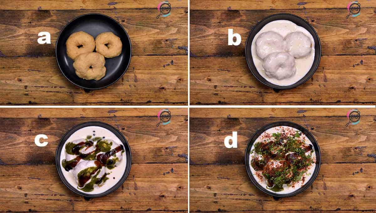 Step by step collage to assemble Dahi Vada with spicy and sweet chutney.