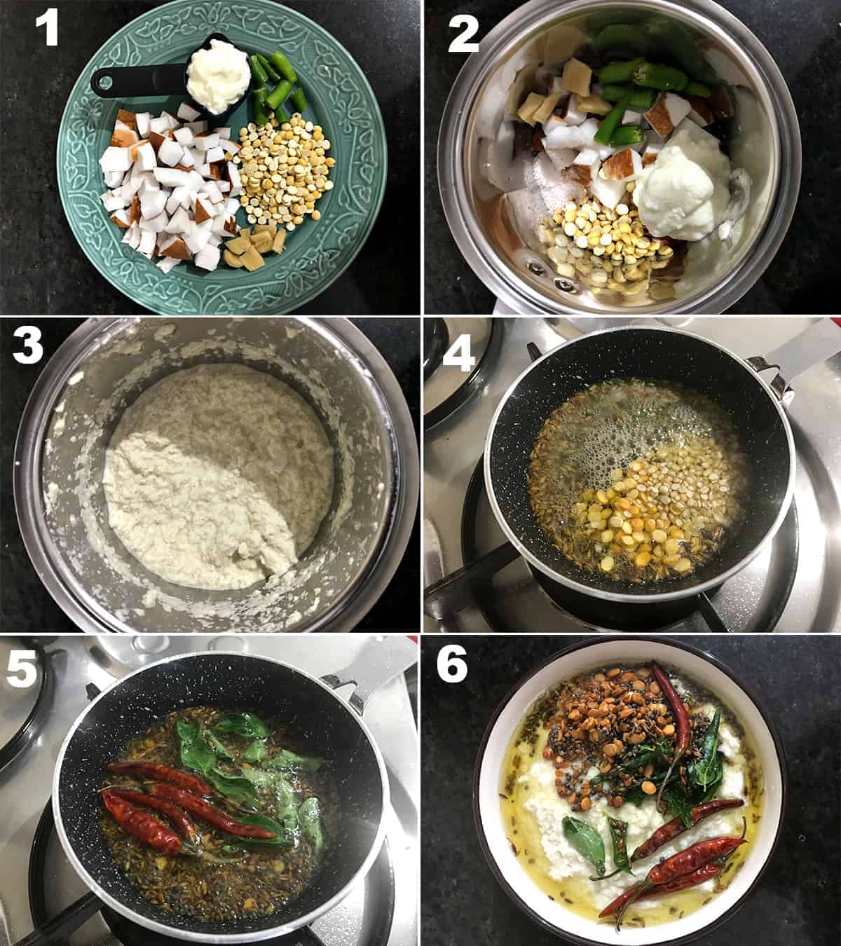 six step collage showing how to make white coconut chutney