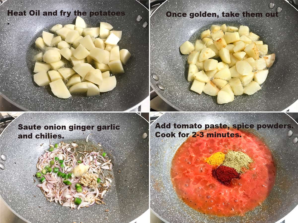 Step by step picture collage to show how to make aloo matar curry in pan.
