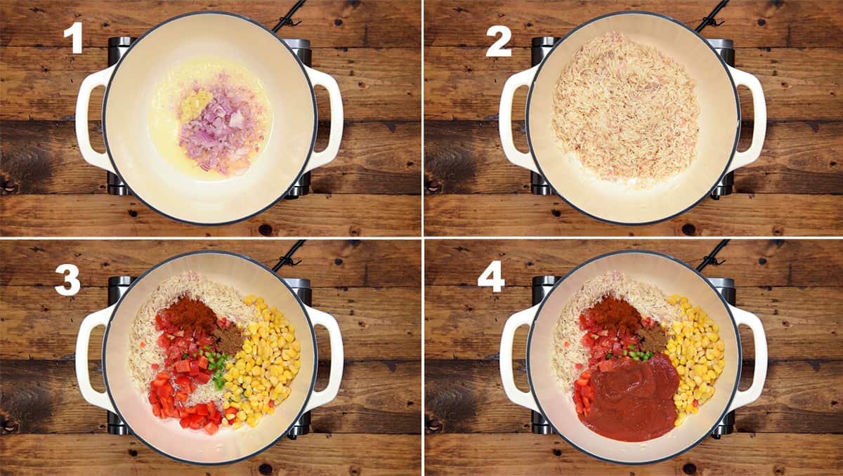 four step collage showing sautéing the chopped onions, rice, adding spice powders, veggies and tomato purée