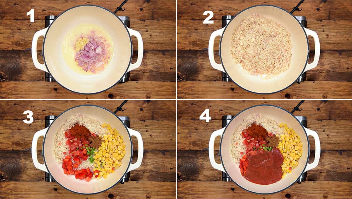 four step collage showing sautéing the chopped onions, rice, adding spice powders, veggies and tomato purée