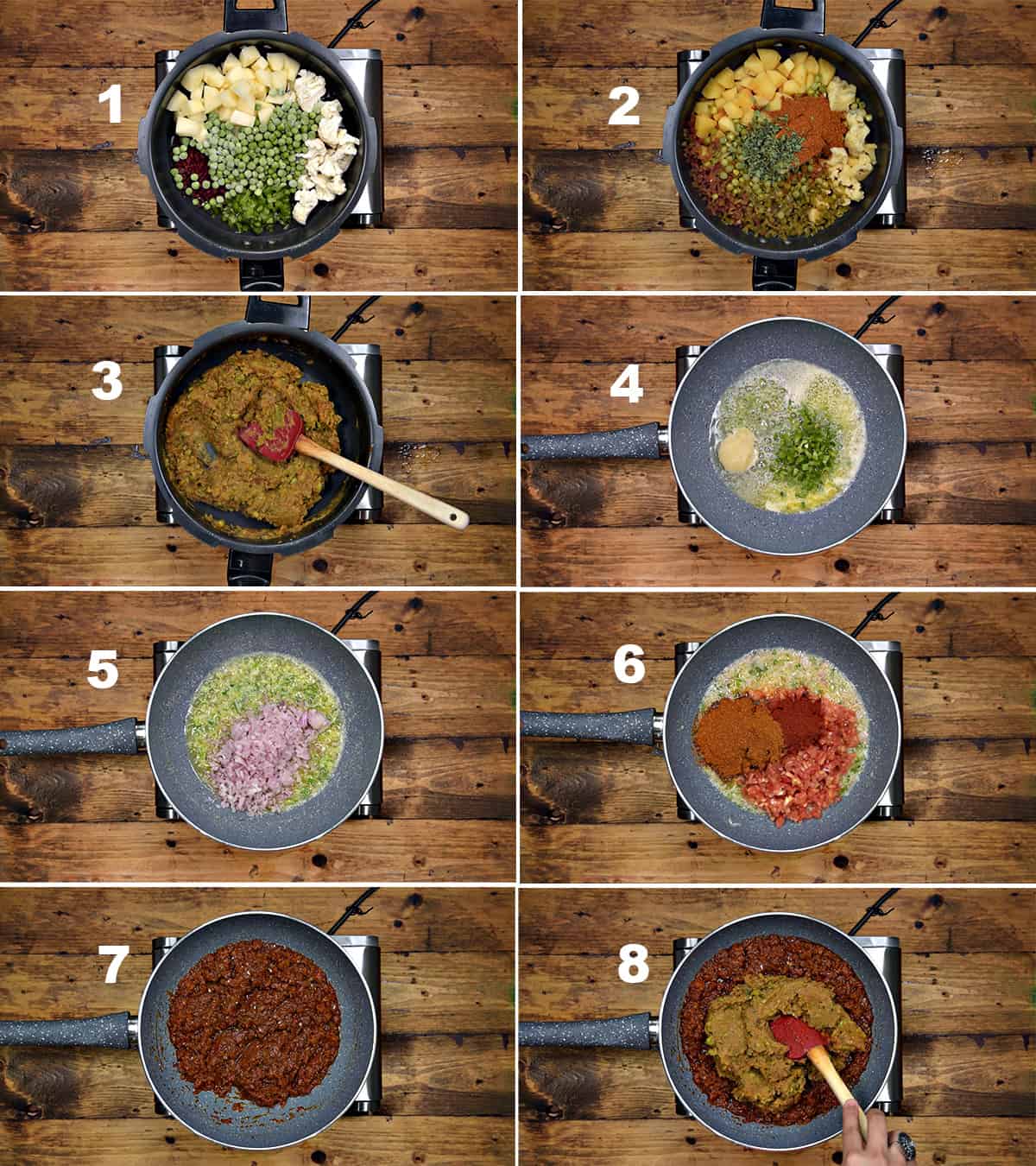 Step by Step picture collage showing how to make pav bhaji in pan at home.