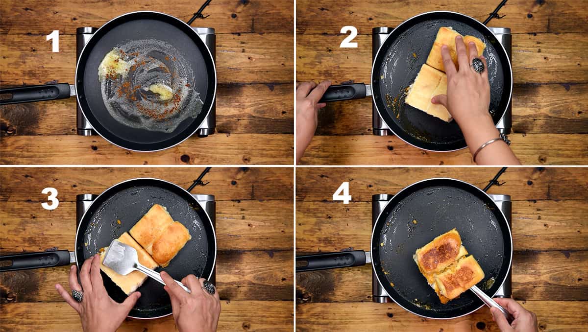 Step by step picture collage showing the frying of buns in butter for pav bhaaji.