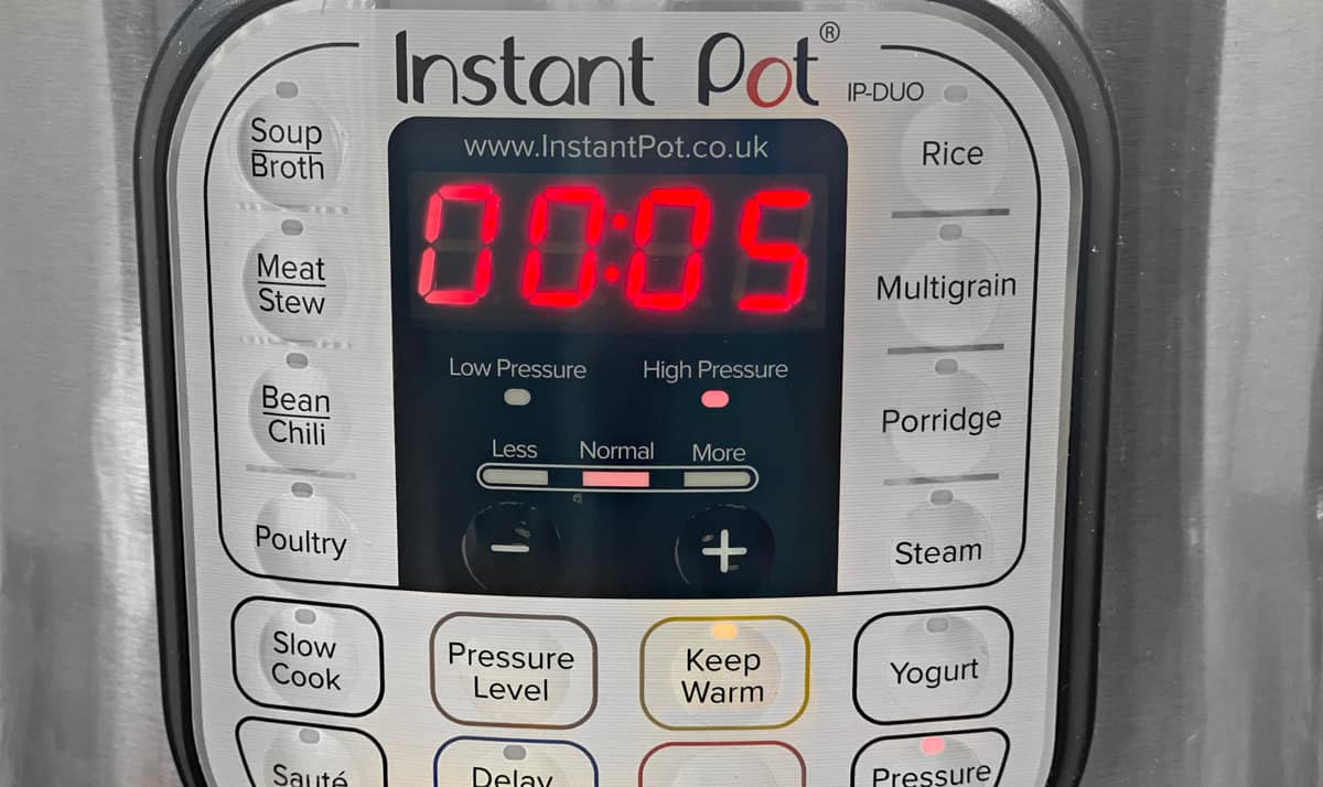 Instant Pot timer set to 5 minutes on high pressure.
