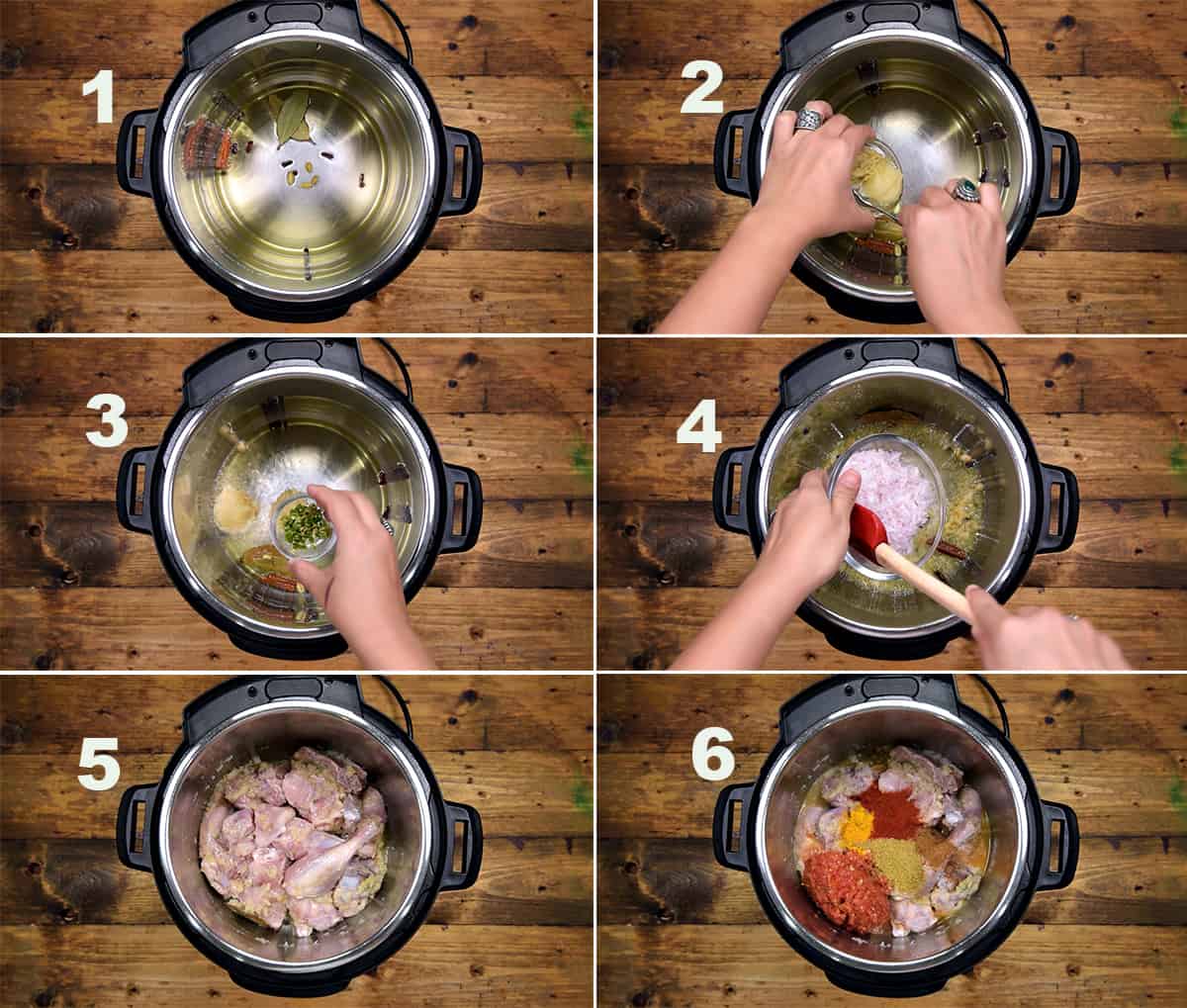 Step by Step picture collage to show how to make chicken curry in Instant Pot.