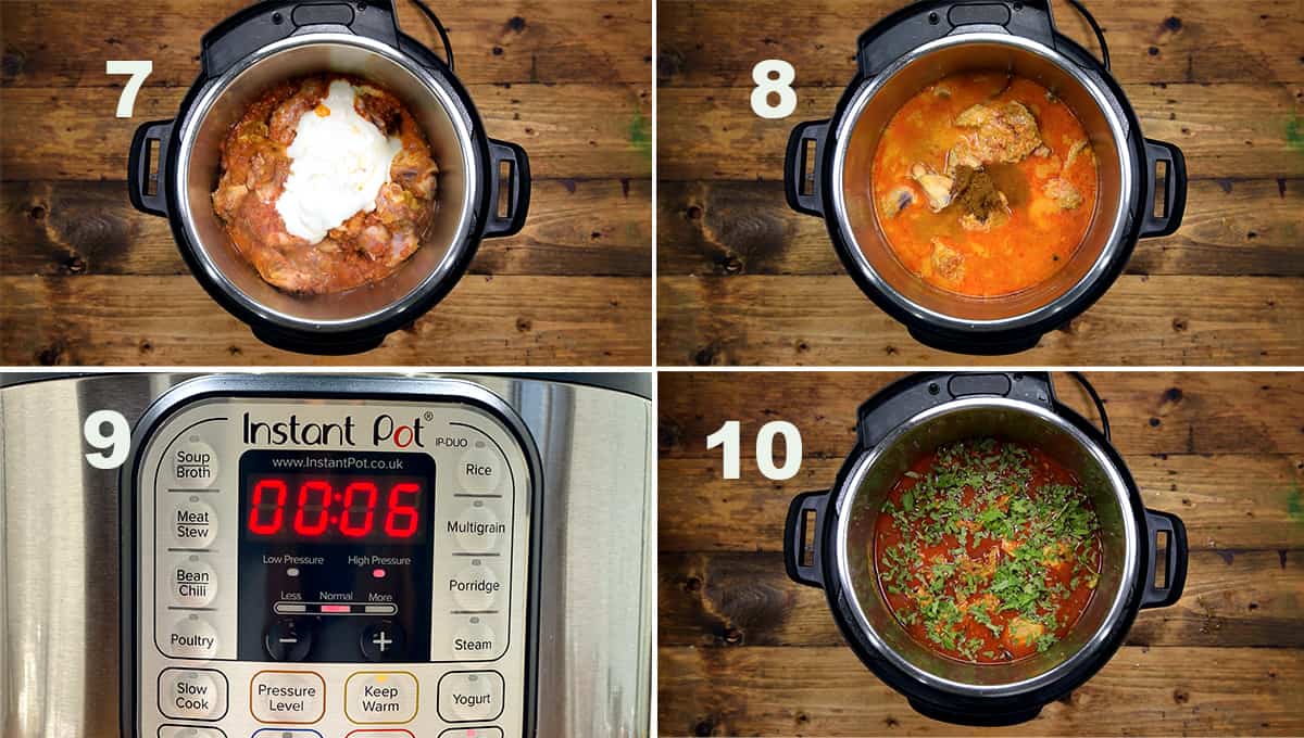 Step by Step picture collage of making chicken curry in Instant Pot pressure cooker.
