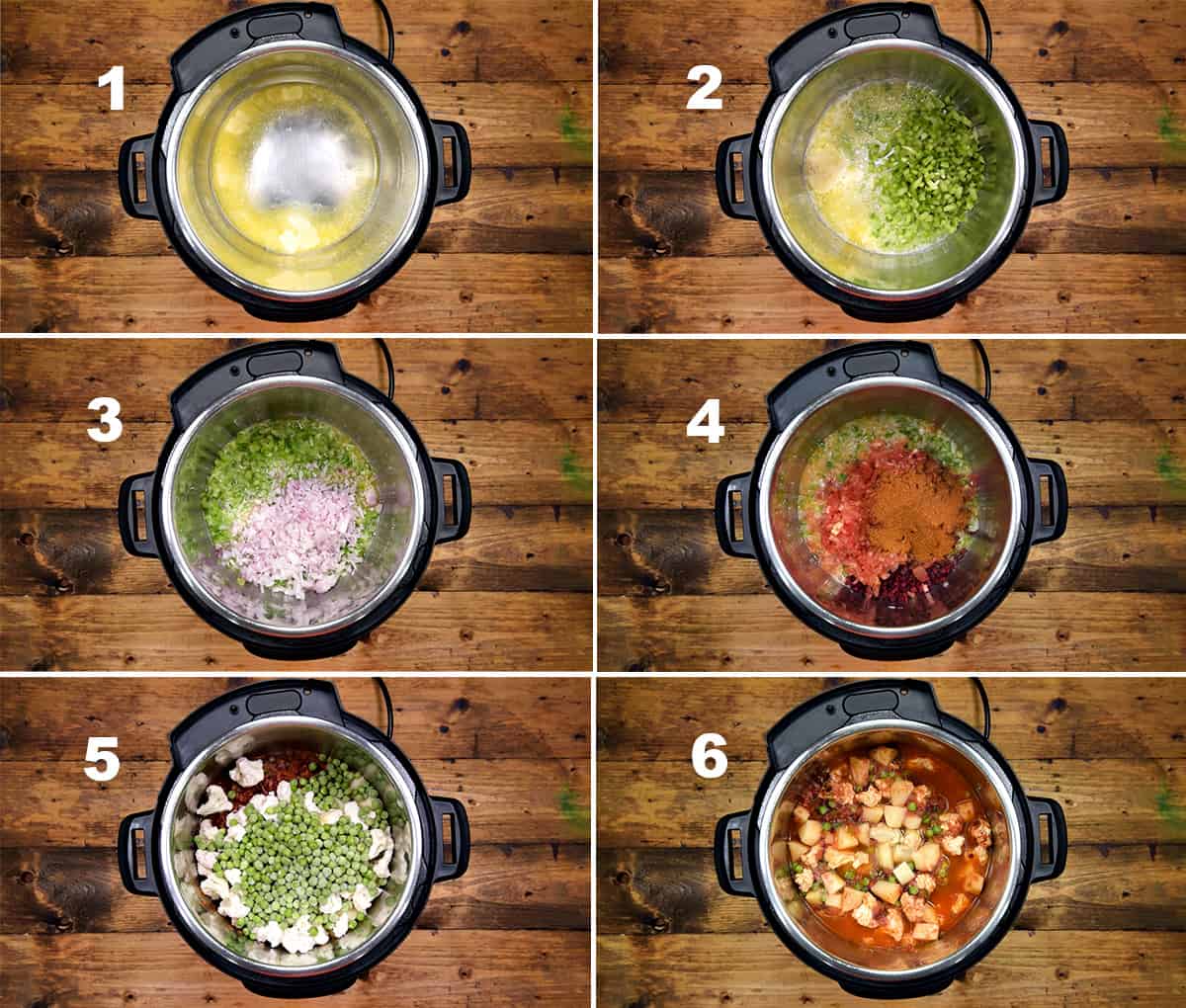 Step by step picture collage showing how to make bhaji in the Instant Pot.