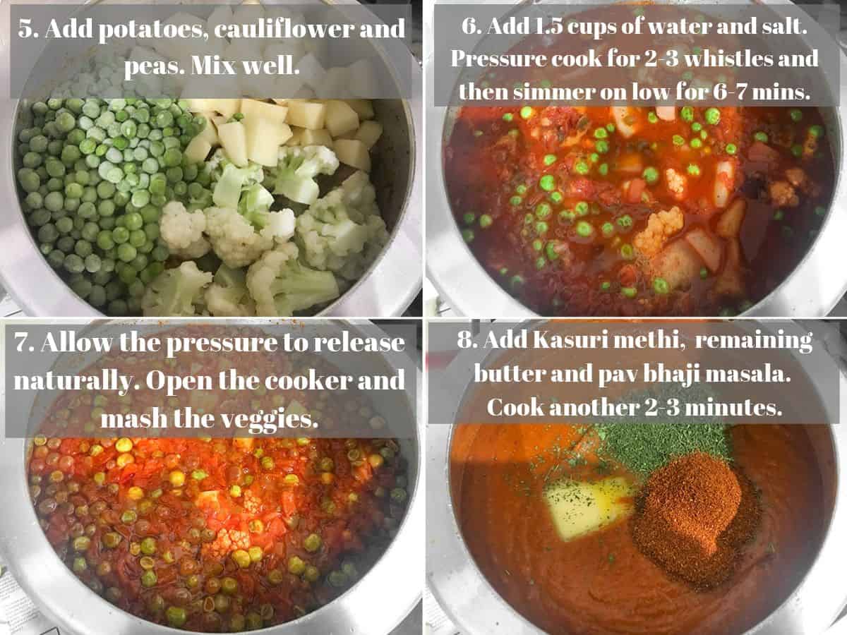 Step by step picture collage of making bhaji recipe in the pressure cooker.