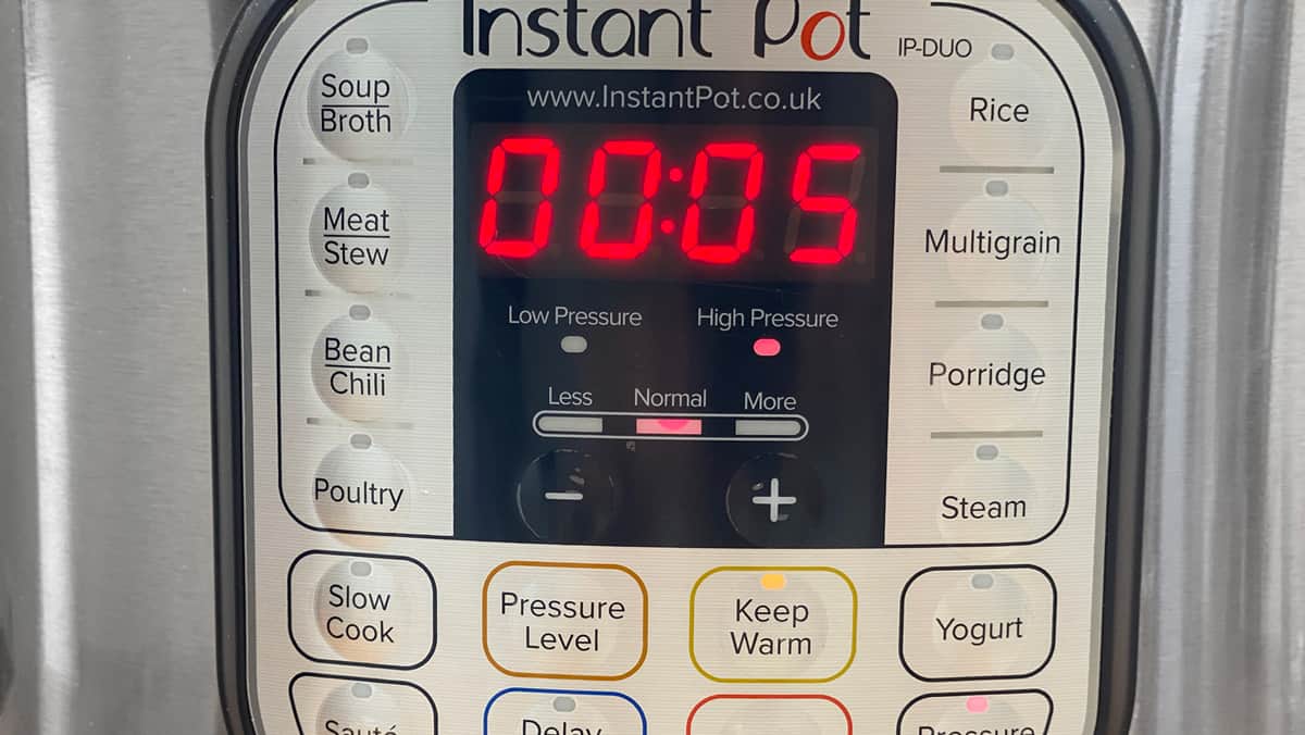 Instant Pot set to 5 minutes timer on High pressure.