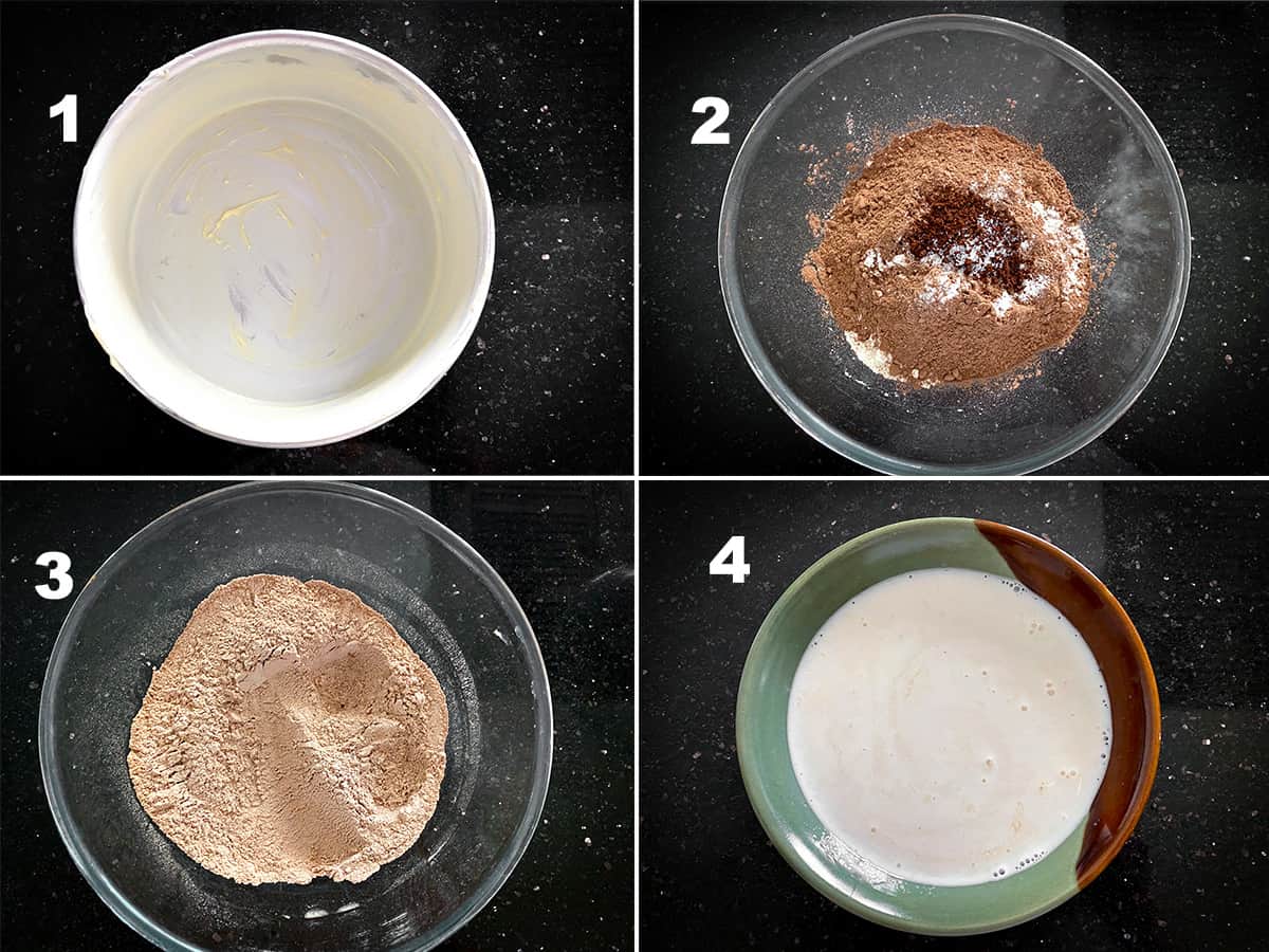 Step by step picture collage showing greasing of cake tin and sifting the flour.