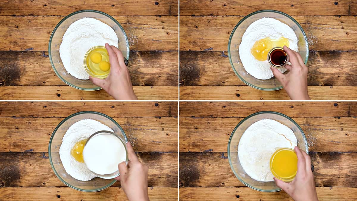 Adding eggs, vanilla, milk and melted butter to a sifted flour mix in bowl.