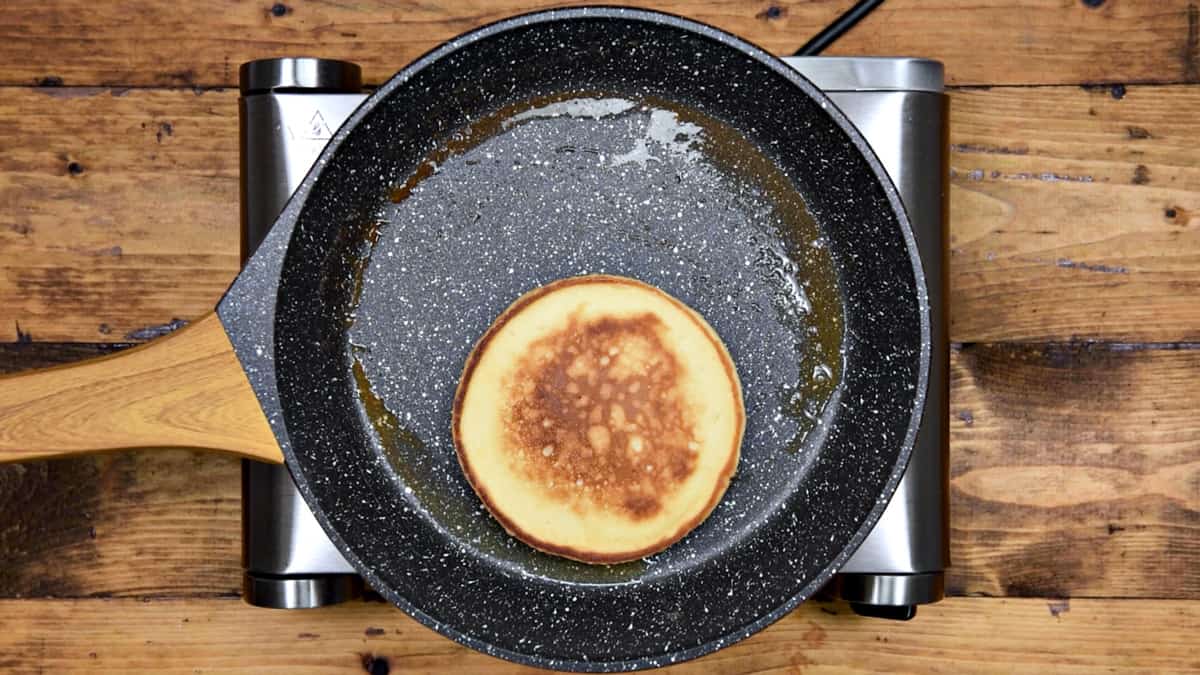 Cooked pancake in pan ready to serve.