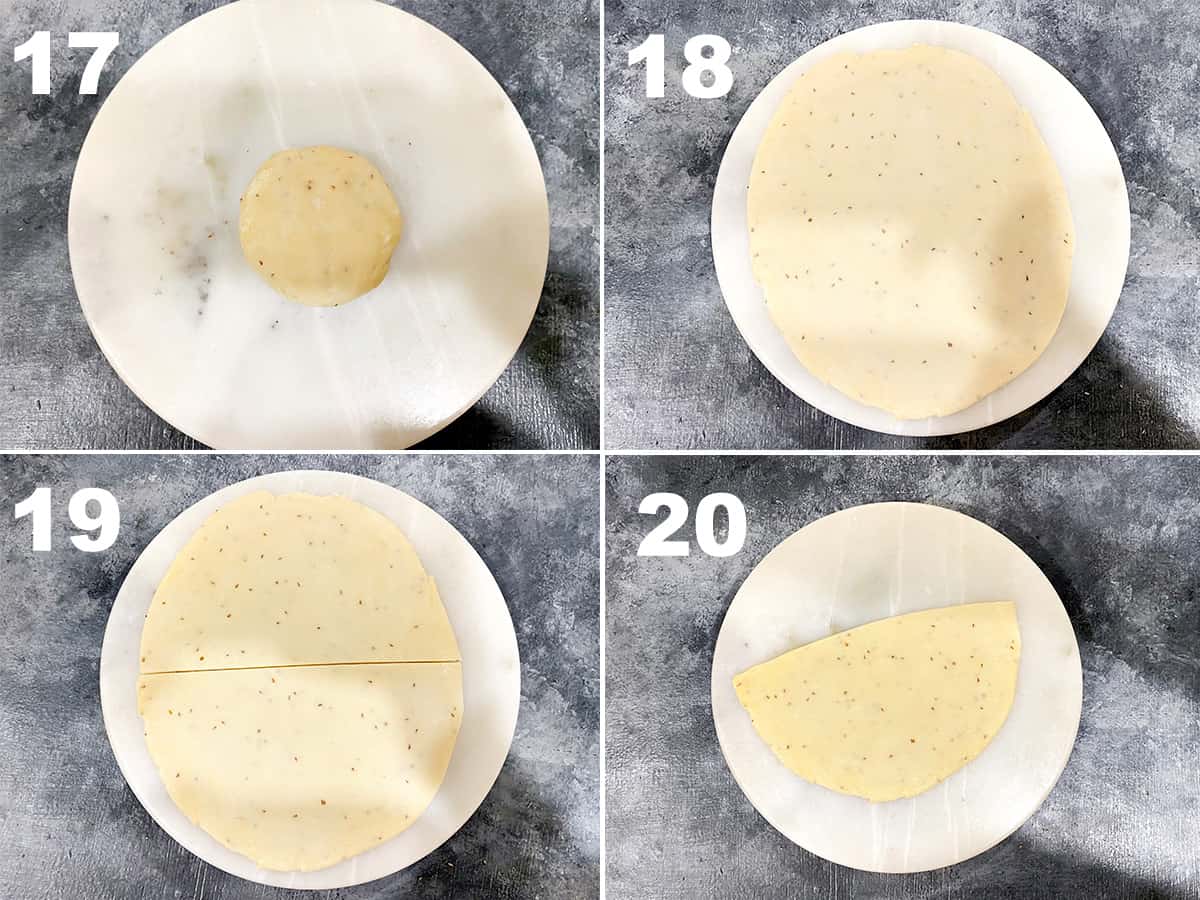 four step collage showing the rolling of samosa dough