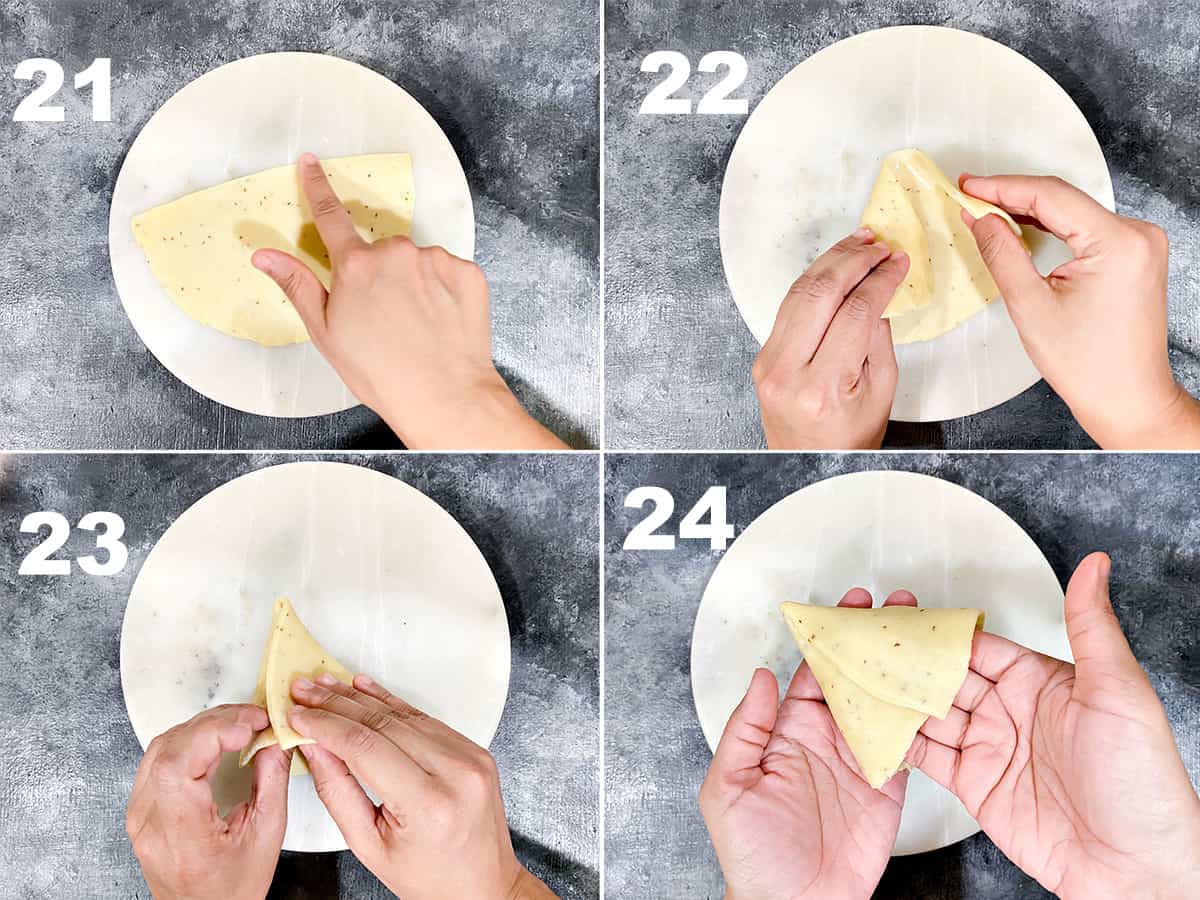 detailed four step collage showing how to fold the samosa dough to make a cone