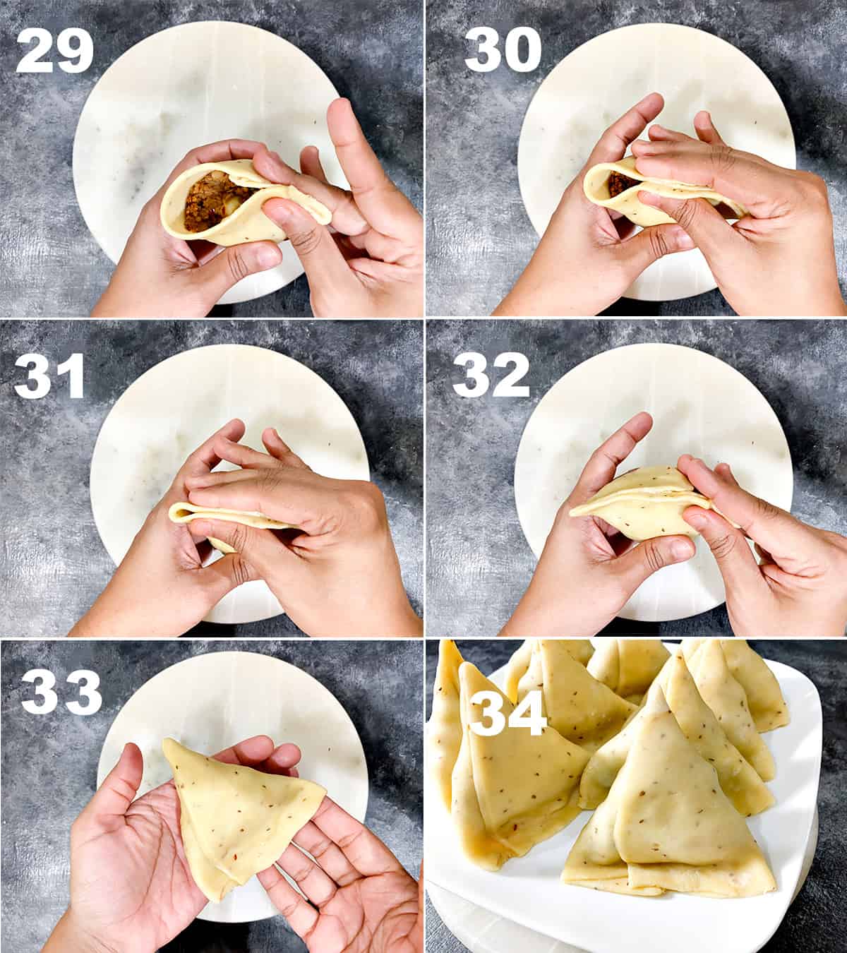 four step collage showing how to seal the samosa edges