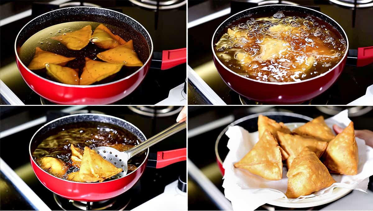 four step collage showing the Indian samosa frying in oil