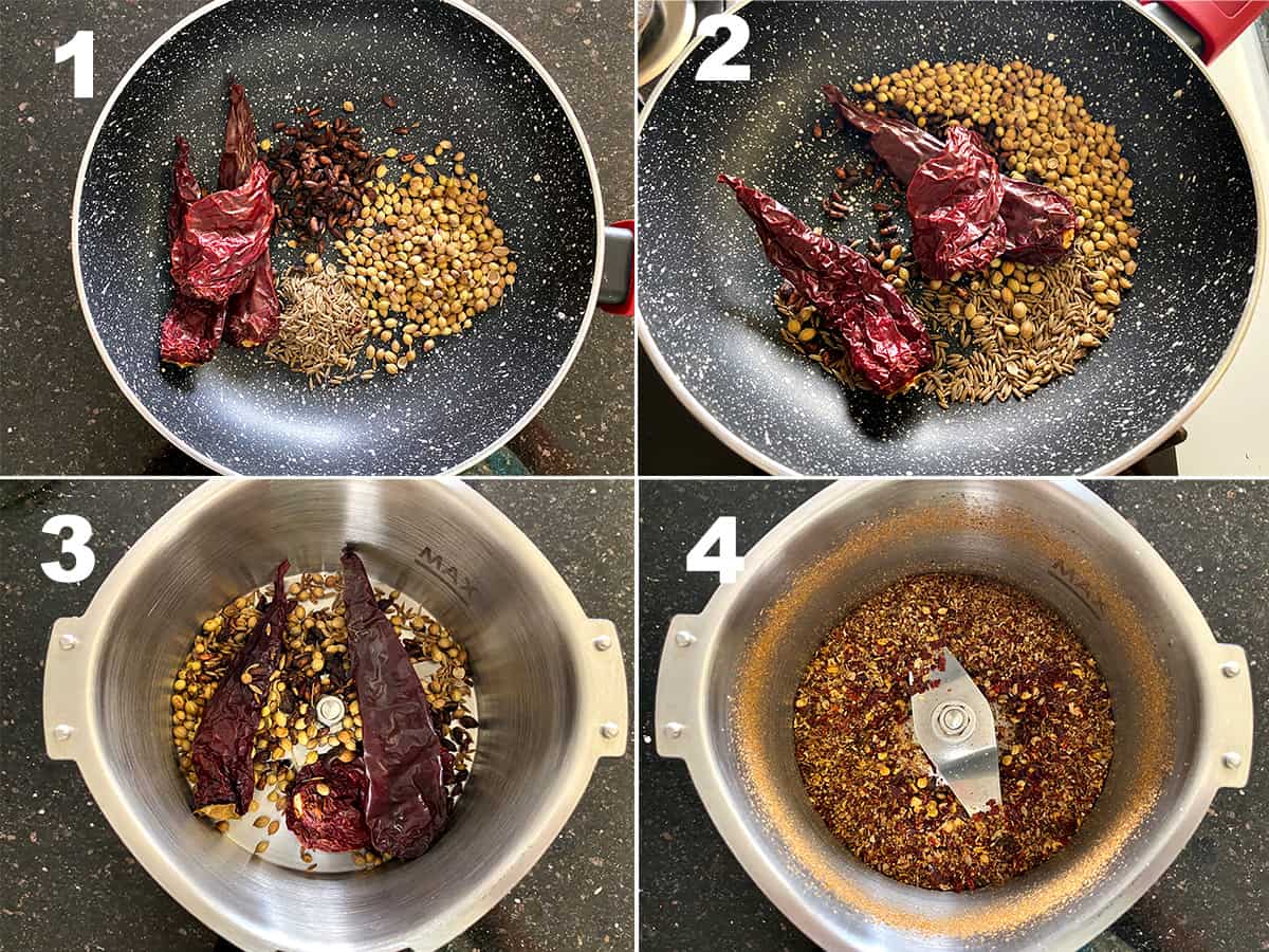 four step collage showing making of Punjabi samosa masala powder