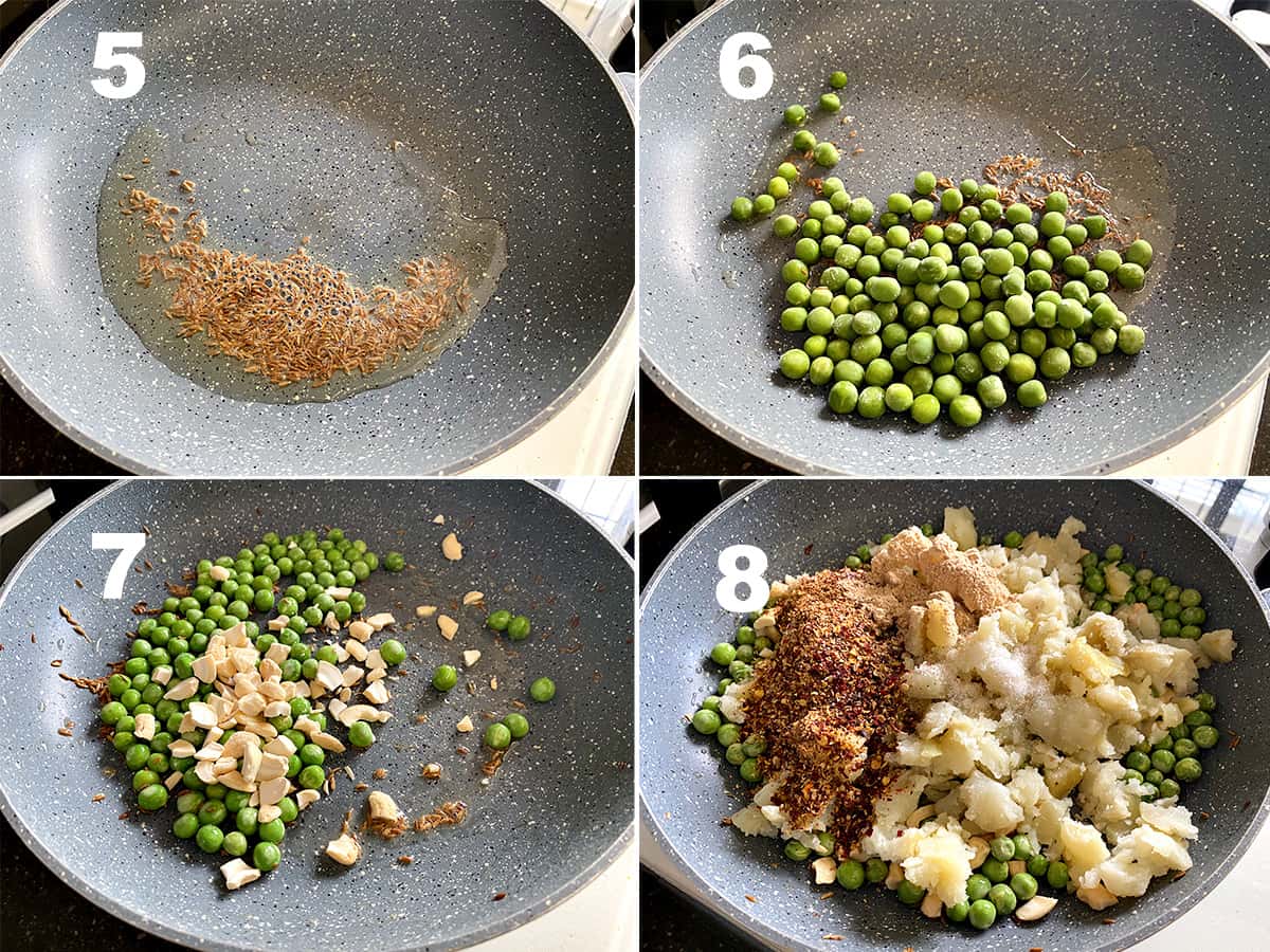 four step collage showing making of potato peas filling for Indian samosa