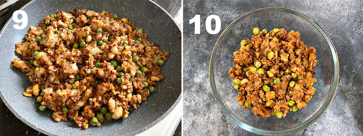 two step collage showing the ready potato filling for samosa in pan transferred to a bowl